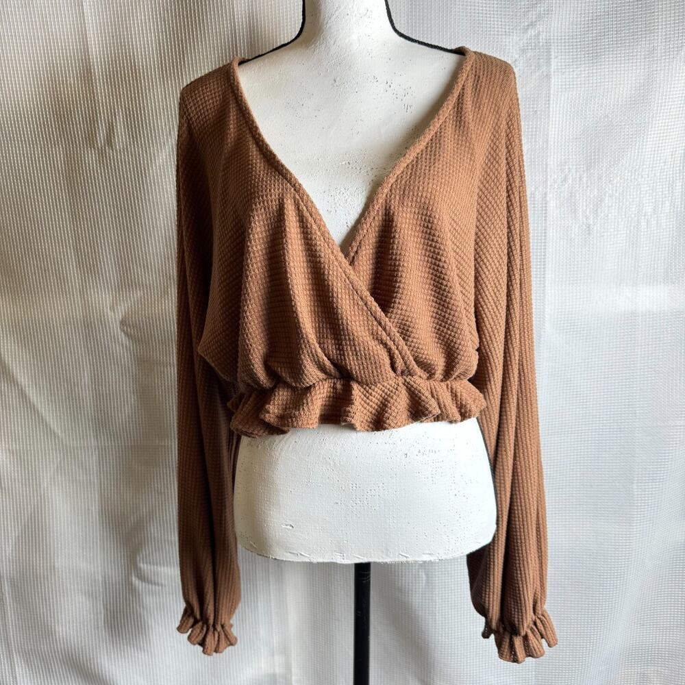 NWT Peach Love California Camel Sz M Waffle Knit Crop Top Ruffle Boho Festival